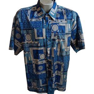 XL Vintage Men's Silk Shirt Thailand Blue White Geometric Print Short Sleeve